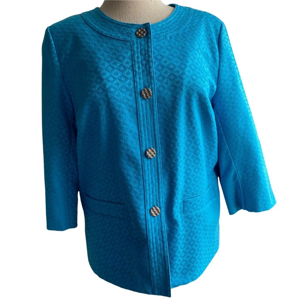 Laura Ashley Jacket Blazer Boxy Sz Small Blue Shiny Tapestry Print Button Easter - Picture 3 of 13